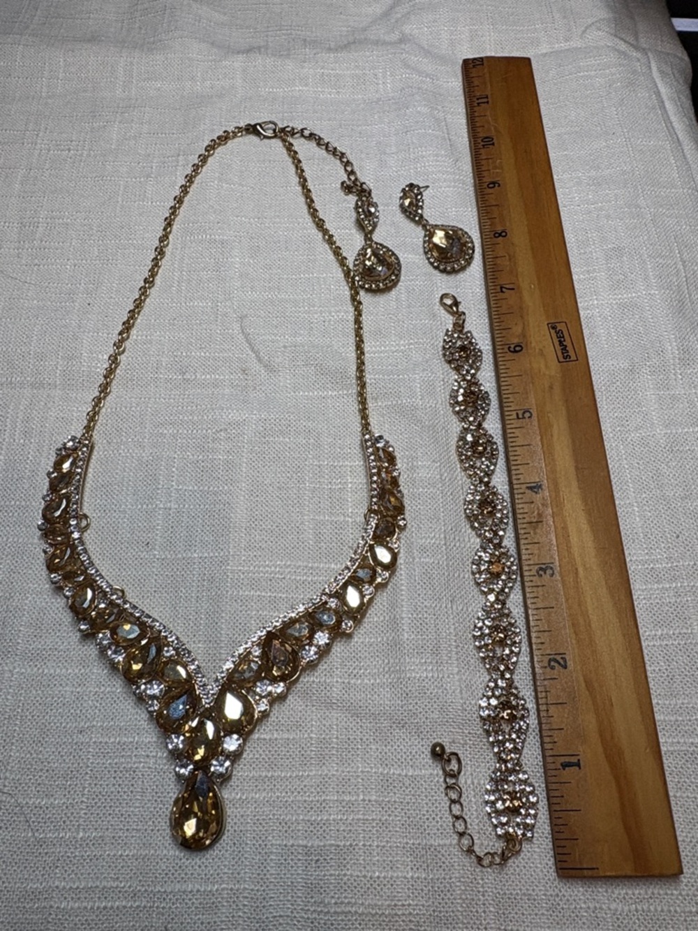 Elegant Gold, CZ, and Amber Crystal Teardrop Necklace Set - Gold